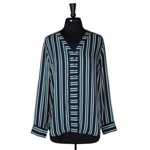 Express Women's Blouse Blue Green Striped V-Neck Long Sleeve Shirt Top Large